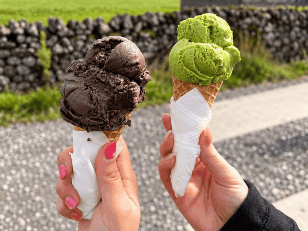 Two hands holding waffle cones with scoops of chocolate and green ice cream, wrapped in serviettes, outside at an EV Rally, with a stone wall and grass in the background.