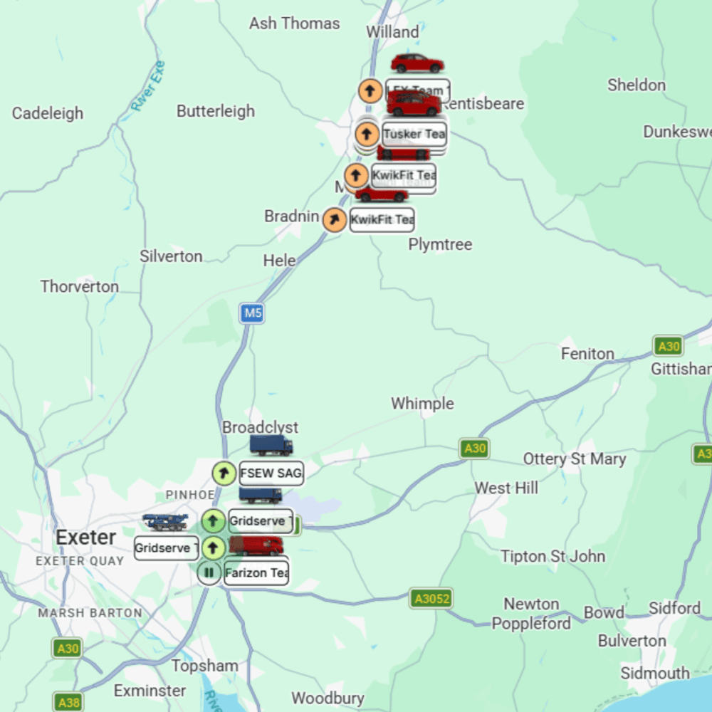 Map showing charging station locations between Exeter and Willand, with station names and icons marked along major roads, including the M5 and A30—perfect for planning your next EV Rally route.