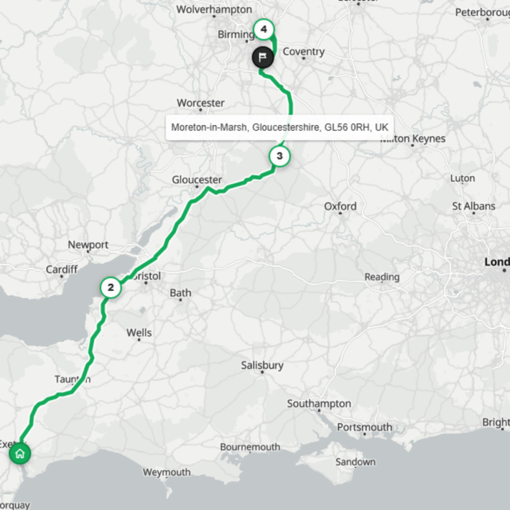 A map shows the EV Rally route from Torquay to Moreton-in-Marsh, passing through Exeter, Bristol, and Worcester, with endpoints and waypoints clearly marked.