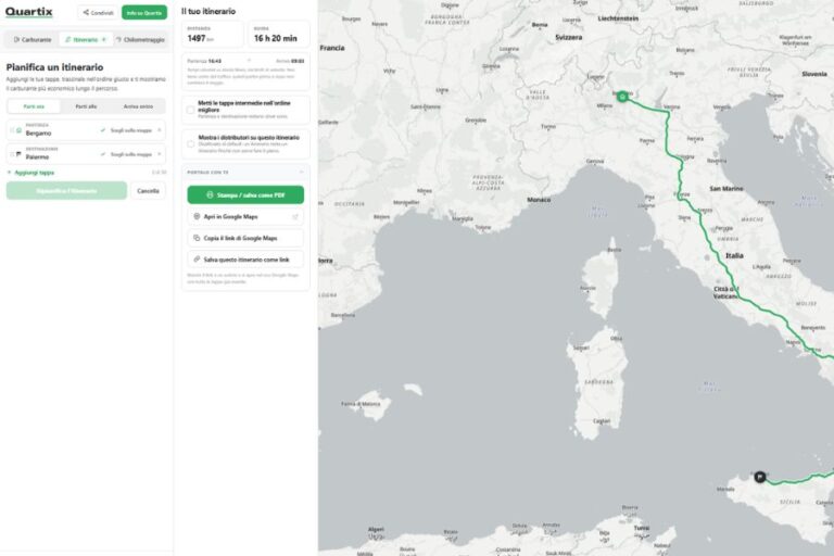 A route map from Milan, Italy to Barcelona, Spain is displayed on a screen, showing travel details, options, and a sidebar for itinerary planning.
