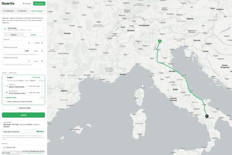 A map of Italy showing a driving route from Bari to Venice, with route details, stops, and trip cost information listed on the left side of the screen.