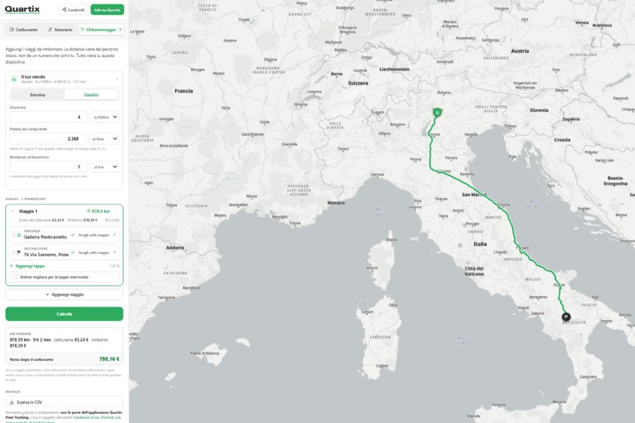A map of Italy showing a driving route from Bari to Venice, with route details, stops, and trip cost information listed on the left side of the screen.