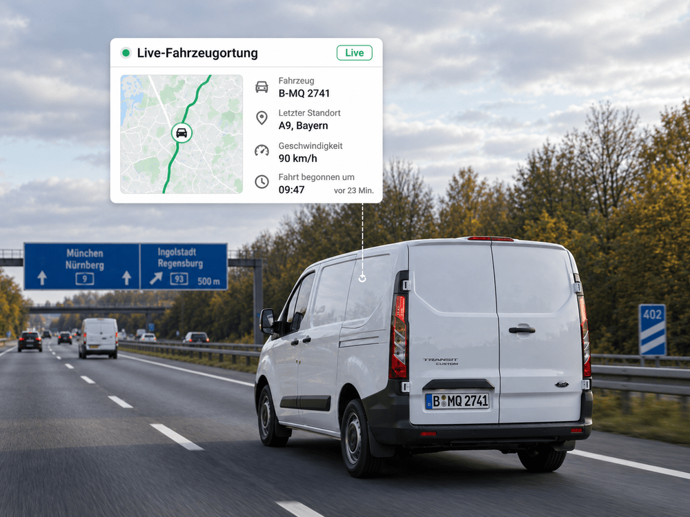 Ein weißer Lieferwagen fährt auf einer Autobahn, während auf dem Bildschirm digitale Overlay-Daten mit Live-Informationen zur Fahrzeugortung angezeigt werden – darunter Standort, Geschwindigkeit und Route auf einer Karte –, ideal für Gerüstbau- und Bauunternehmen, die ein effizientes und transparentes Flottenmanagement benötigen.