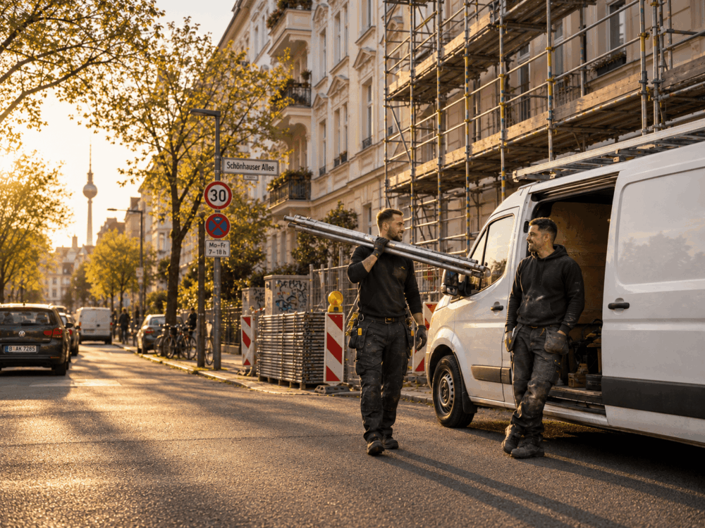 Two construction workers from a Gerüstbau- und Bauunternehmen stand by a white van on a city street, one carrying metal pipes. Scaffolding, traffic signs, and buildings line the sunlit road.