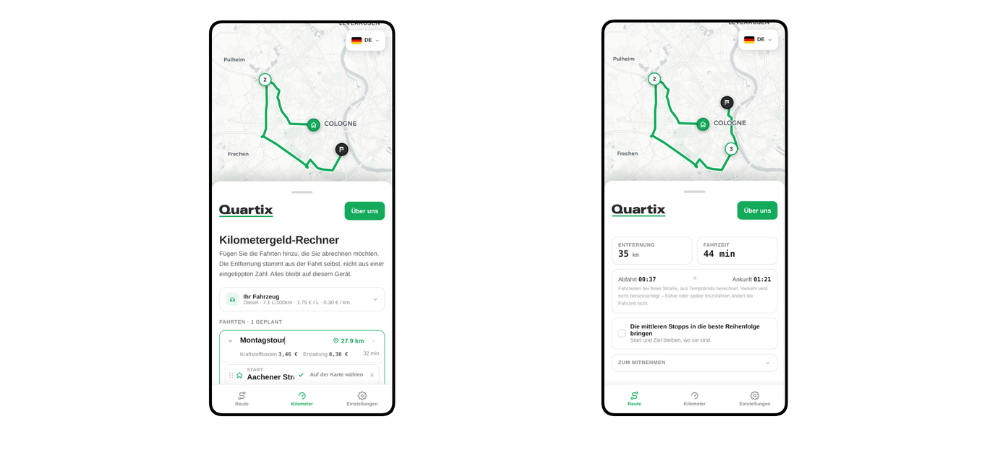 Auf zwei Smartphone-Bildschirmen ist eine App zur Fahrtenerfassung in deutscher Sprache zu sehen, die eine Routenkarte, die Entfernung, Orte und Fahrtdetails mit grünen und schwarzen Oberflächenelementen anzeigt – ideal als kostenlose Tools zur Ermittlung des Kraftstoffverbrauchs von Fuhrparks.