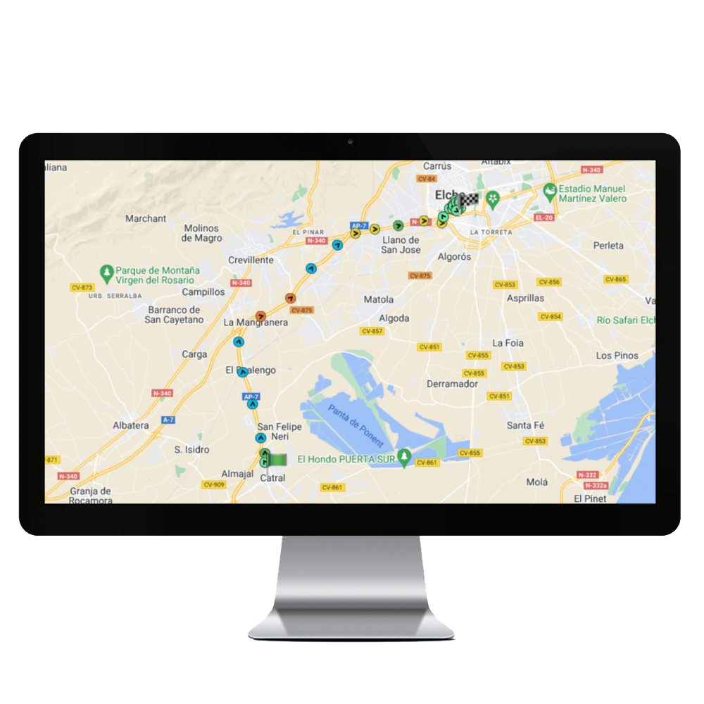 La pantalla de un ordenador muestra un mapa en el que aparece resaltada una ruta que atraviesa varias localidades y puntos de interés de una región de España, entre los que se incluyen lugares conocidos por sus importantes empresas de andamios y de construcción.