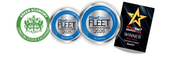 Four awards: Green Economy London Stock Exchange, two Fleet News Fleet Telematics Recommended badges for 2025 and 2026, and a What Van? Awards 2024 Telematics Award winner plaque—all recognising innovative solutions that help businesses tackle challenges such as rising fuel prices.