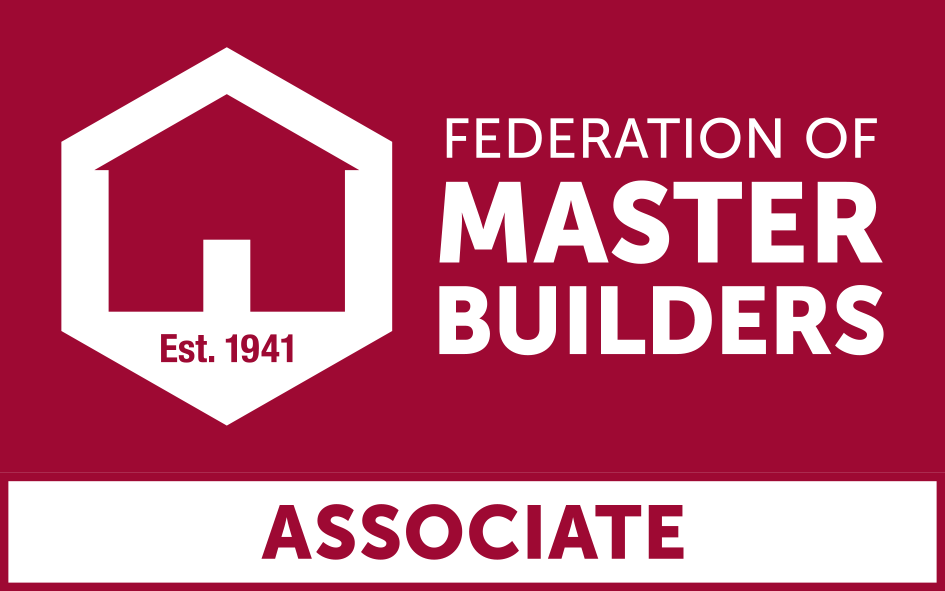 Logo of the Federation of Master Builders with a house icon, text “Est. 1941,” and the word “ASSOCIATE” on a maroon background, highlighting recognition such as Quartix awards.