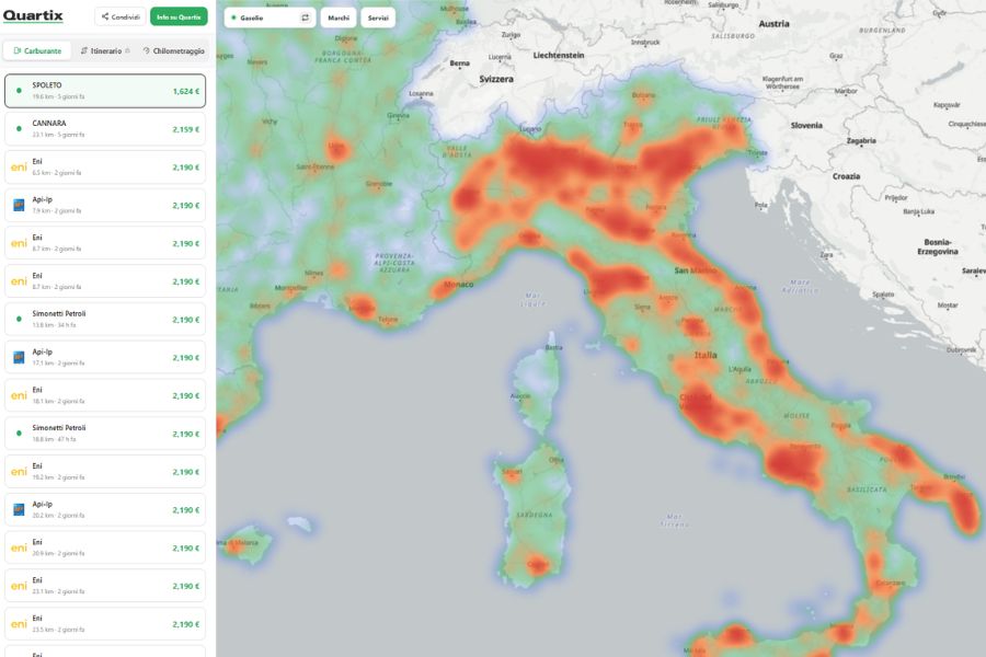 A heat map of Italy shows intensity clusters, with red and green areas, overlaid on a geographic map; a list of locations and prices appears on the left side of the image.