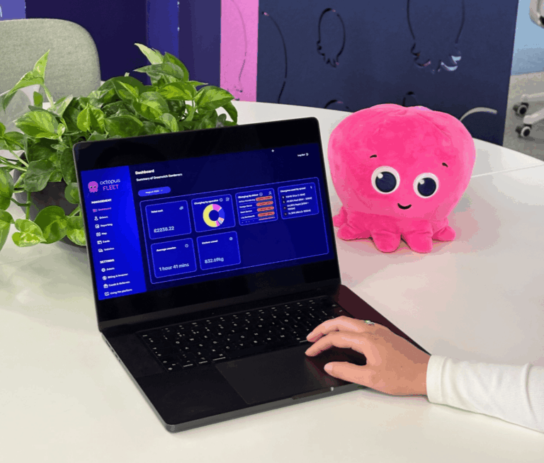 Person using a laptop displaying a dashboard on a white table, with a potted plant and a pink octopus soft toy beside it.