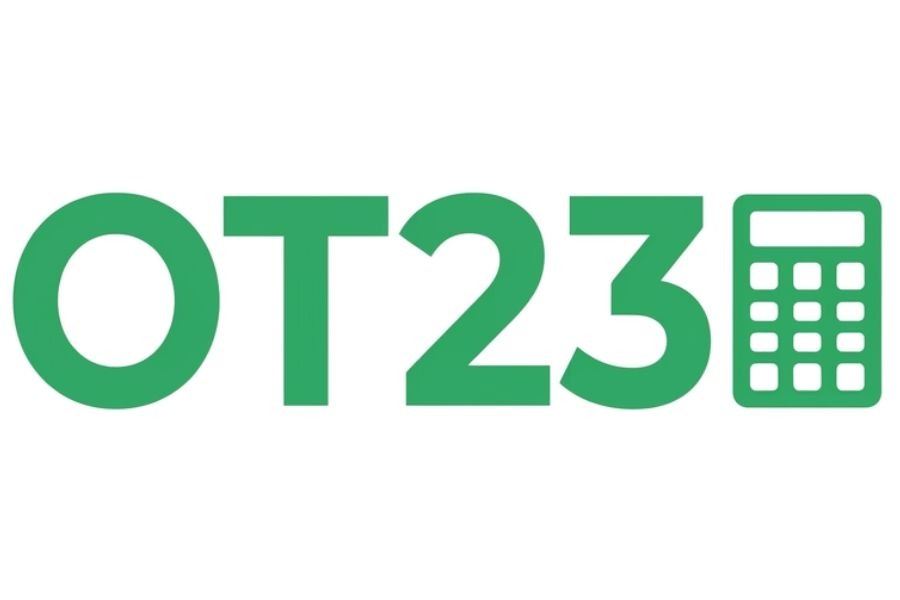 Green text “OT23” followed by a simple green calculator icon, all on a white background.