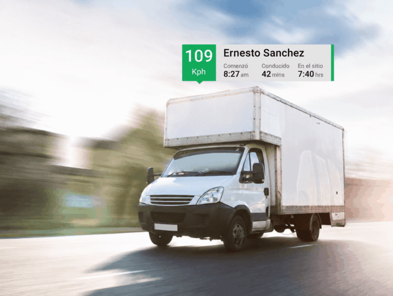 A white box truck drives on a road. An overlay shows speed at 109 kph, driver name Ernesto Sanchez, start time 8:27 am, duration 42 mins, and time at site 7:40 hrs—information enabled by GPS de flotas para pymes españolas.