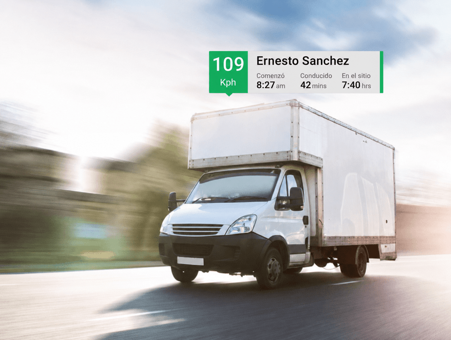 A white box truck drives on a road. An overlay shows speed at 109 kph, driver name Ernesto Sanchez, start time 8:27 am, duration 42 mins, and time at site 7:40 hrs—information enabled by GPS de flotas para pymes españolas.