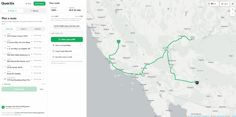 A digital map using Free Online Tools for fleet displays a driving route from San Jose, CA to Temecula, CA with multiple stops, taking 26 hours and 55 minutes over 1,384 miles.