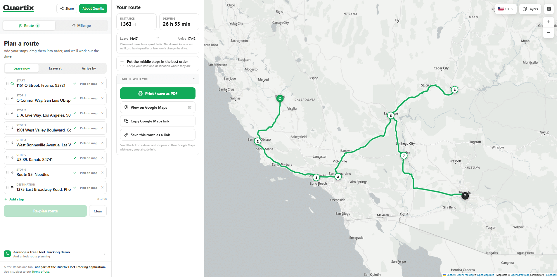 A digital map using Free Online Tools for fleet displays a driving route from San Jose, CA to Temecula, CA with multiple stops, taking 26 hours and 55 minutes over 1,384 miles.