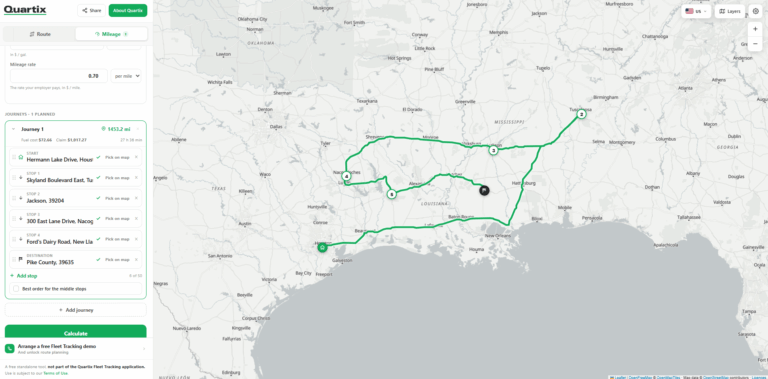 A digital map displays a multi-stop driving route across southern Louisiana, using Free Online Tools for fleet, with labeled waypoints and a summary of the journey on the left side.