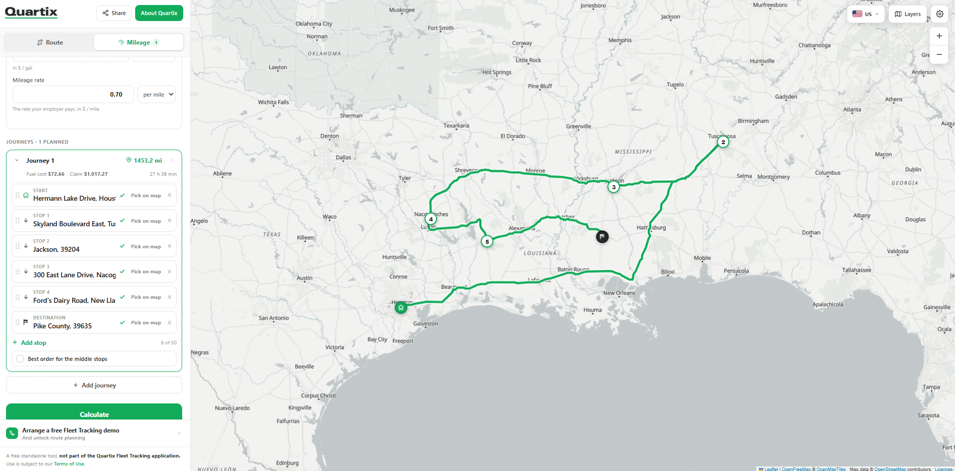 A digital map displays a multi-stop driving route across southern Louisiana, using Free Online Tools for fleet, with labeled waypoints and a summary of the journey on the left side.