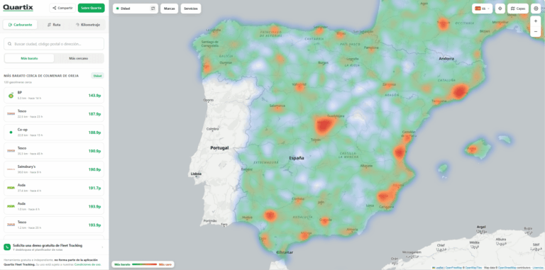 A heat map of Spain and Portugal displays areas of activity intensity, useful for empresas con flotas seeking herramientas gratuitas online to optimize their operations.