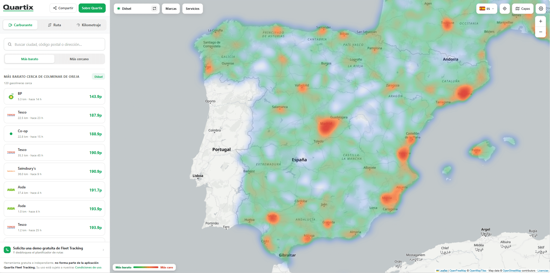 A heat map of Spain and Portugal displays areas of activity intensity, useful for empresas con flotas seeking herramientas gratuitas online to optimize their operations.