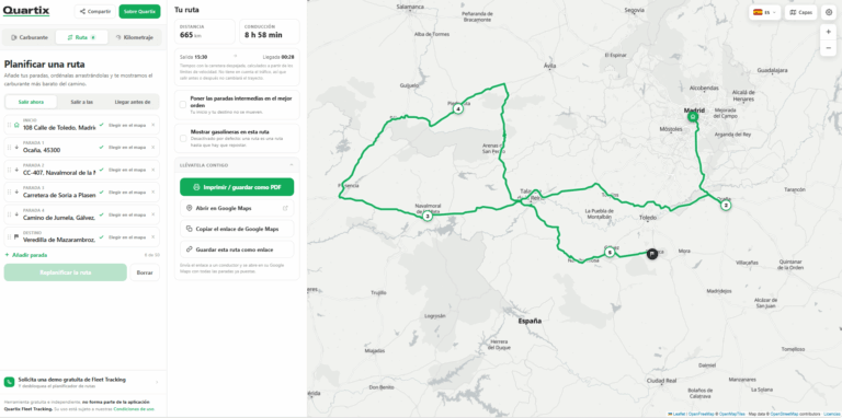 A digital map shows a planned driving route with multiple stops around Madrid, Spain, using herramientas gratuitas online para empresas con flotas, highlighted in green with details on the left panel.