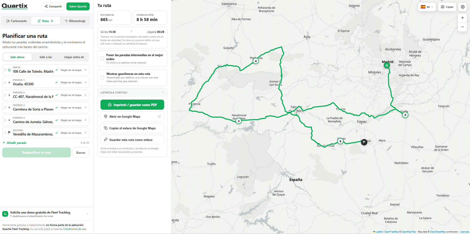 A digital map shows a planned driving route with multiple stops around Madrid, Spain, using herramientas gratuitas online para empresas con flotas, highlighted in green with details on the left panel.