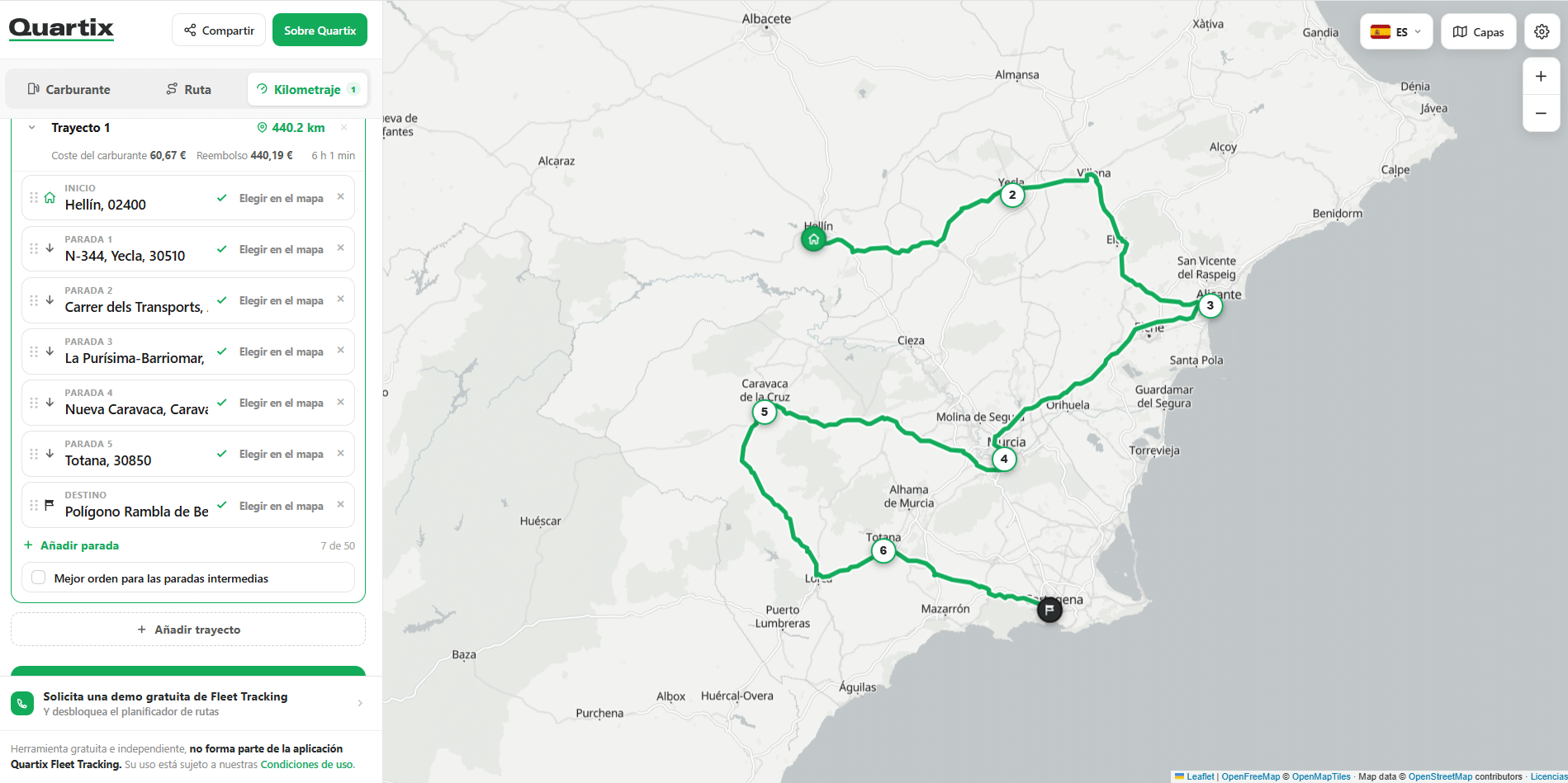 Map interface showing a vehicle route with multiple stops, highlighted in green, plus trip details—ideal for empresas con flotas using herramientas gratuitas online.
