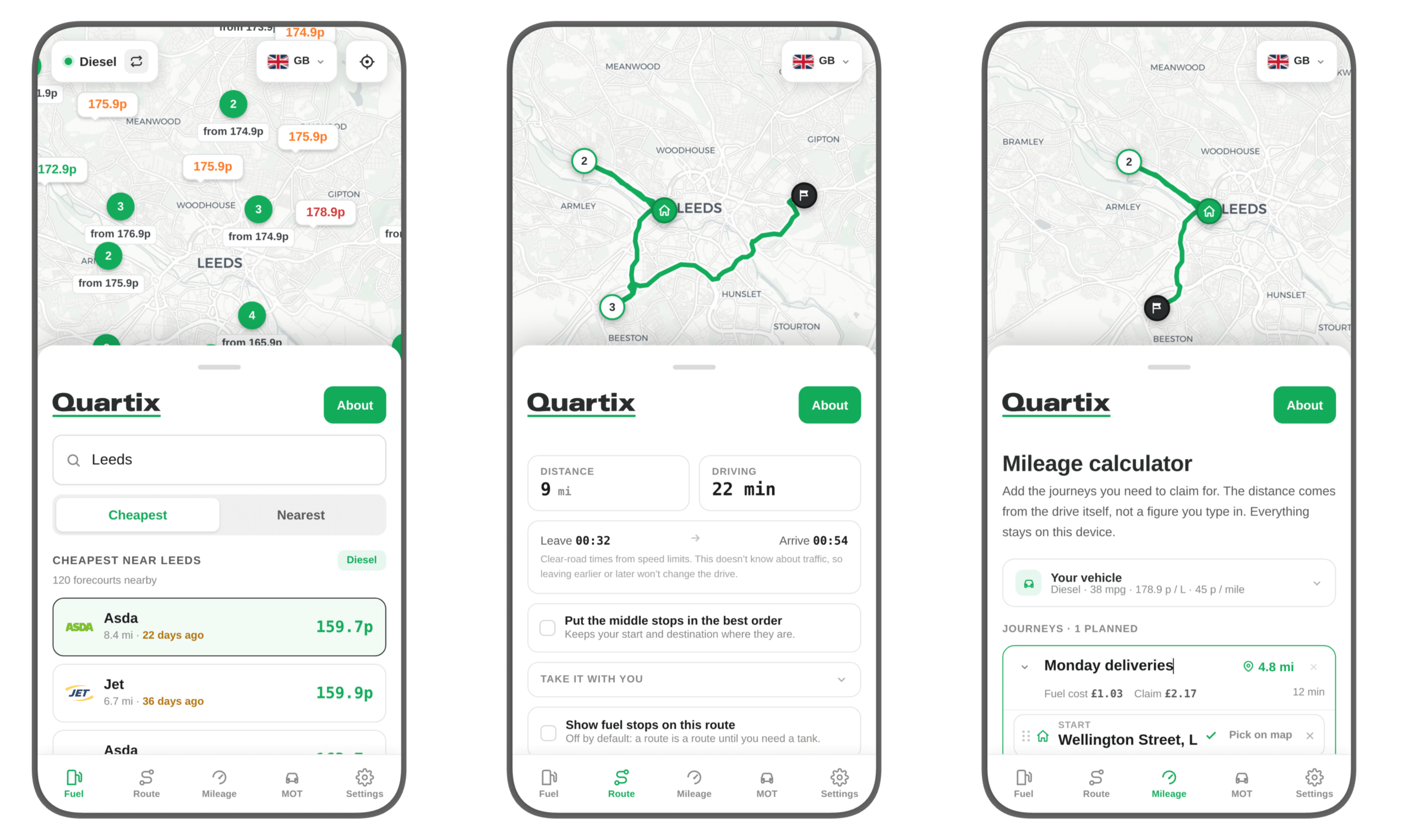 Four smartphone screens show a vehicle tracking and journey planning app with features like route mapping, mileage calculator, and search results for car repair locations in Leeds.