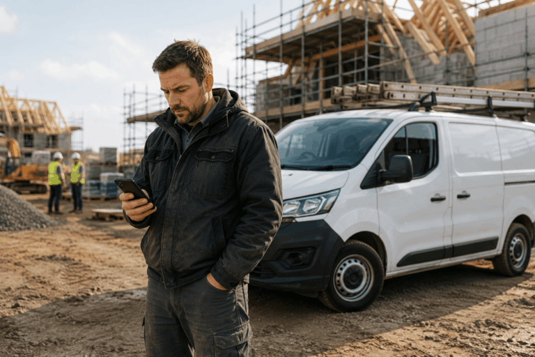 Man in work clothes looks at his phone whilst standing in front of a white van equipped with Vehicle Tracking for Builders at a construction site with scaffolding, unfinished buildings, and workers in the background.