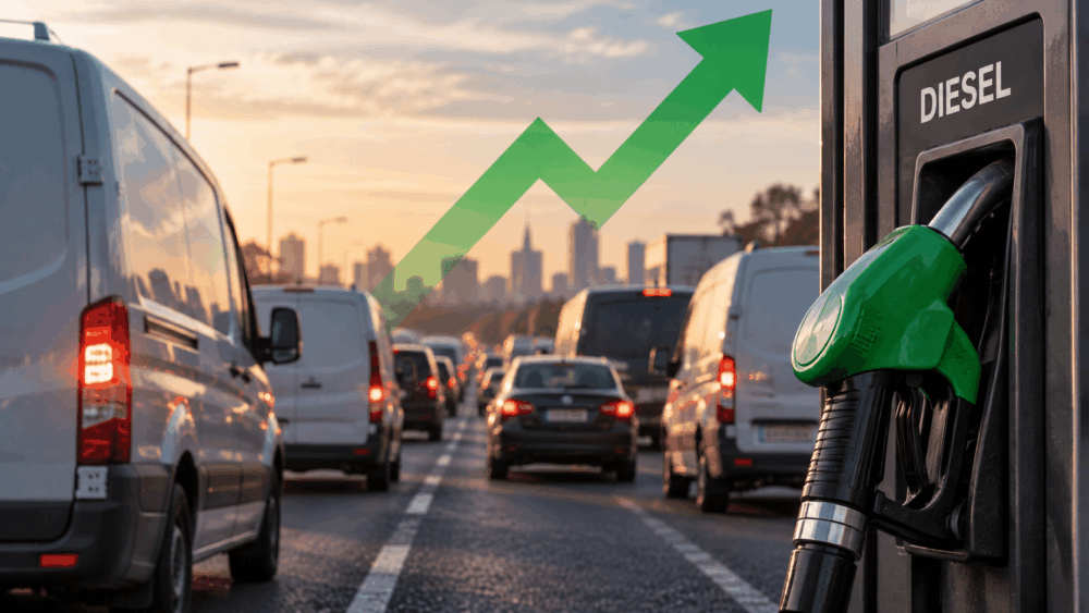 Traffic of vehicles on a city road flows behind a diesel pump in the foreground, accompanied by a green upward arrow graphic, clearly illustrating rising fuel prices.