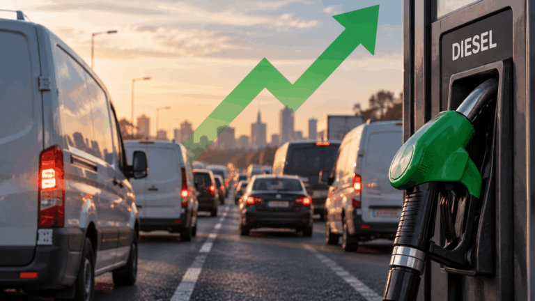 Traffic of vehicles on a city road flows behind a diesel pump in the foreground, accompanied by a green upward arrow graphic, clearly illustrating rising fuel prices.