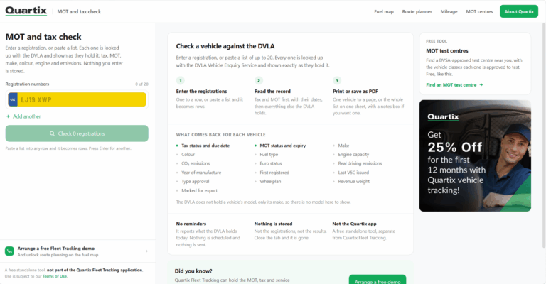 A web page for MOT and tax checks showing a vehicle registration input, check steps, and a sidebar with MOT test centre info and a Quartix discount offer.