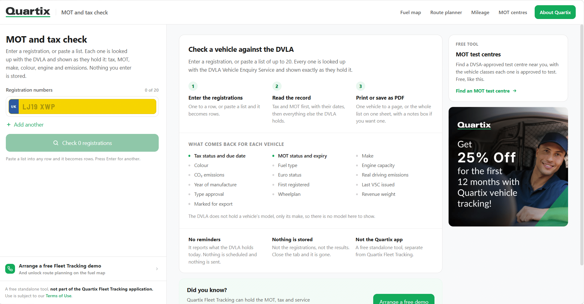 A web page for MOT and tax checks showing a vehicle registration input, check steps, and a sidebar with MOT test centre info and a Quartix discount offer.
