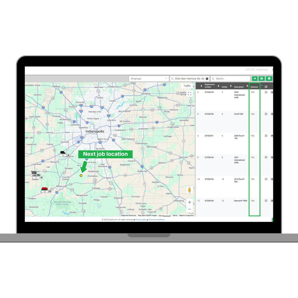 A laptop screen displays a map of Indianapolis with a green label reading “Next job location” and a sidebar showing a list of scaffolding and building contractors’ job sites.