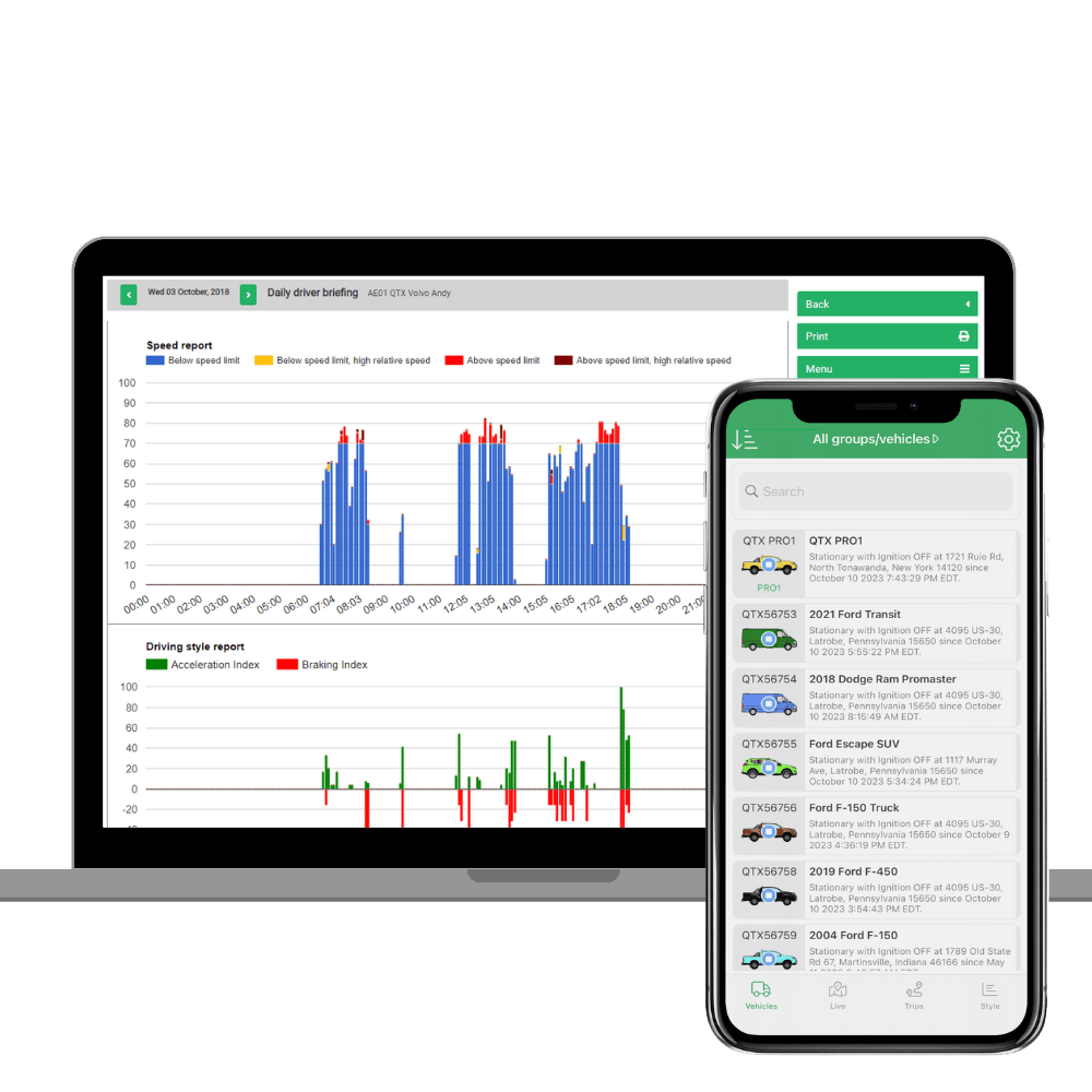 A laptop displays driving analytics charts, while a smartphone shows a list of vehicles with details, both against a plain white background—ideal for scaffolding and building contractors seeking streamlined fleet management.