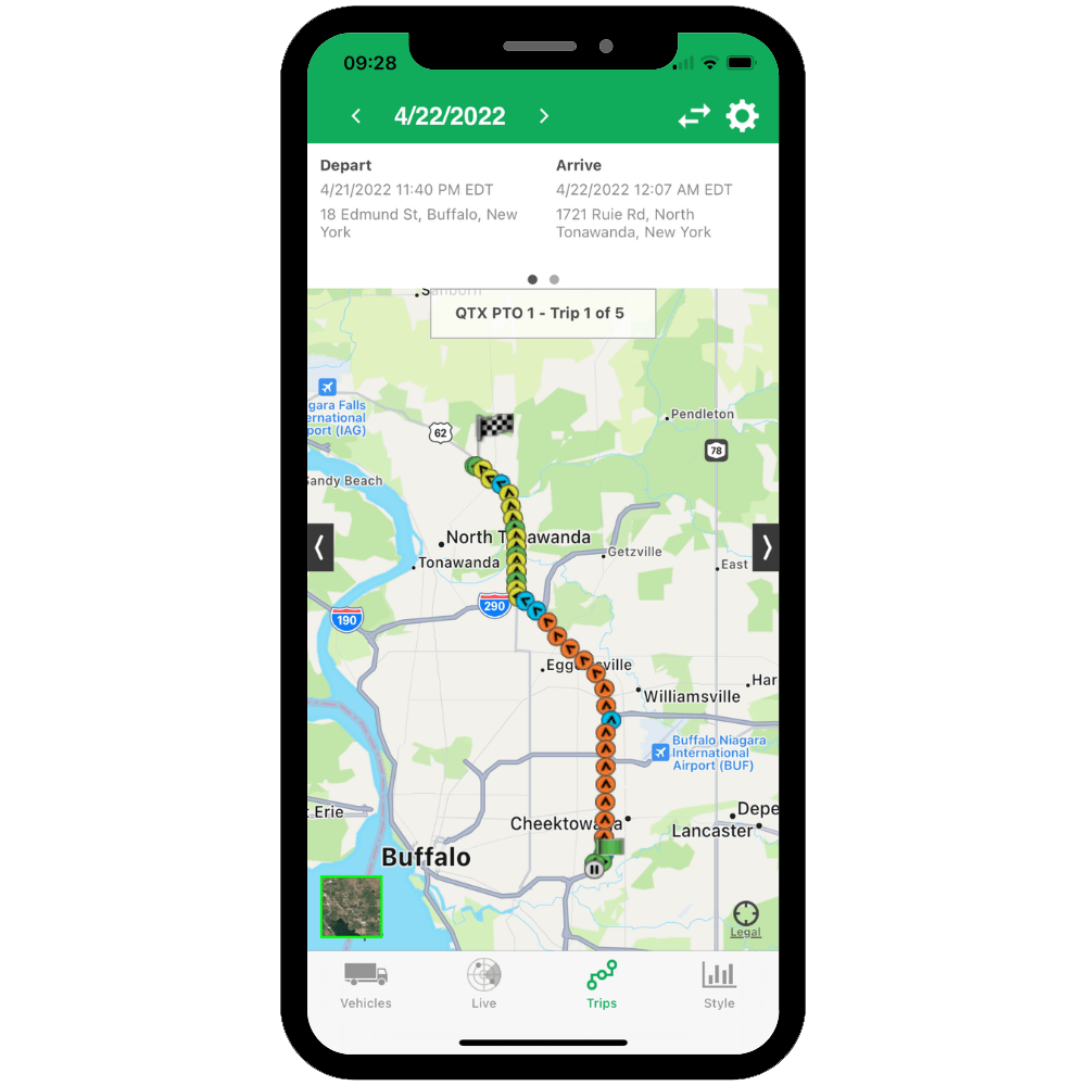 A smartphone displays a transportation map showing a route from Buffalo to North Tonawanda, New York, with stops marked along the way—perfect for Scaffolding and Building contractors planning projects along this busy corridor.