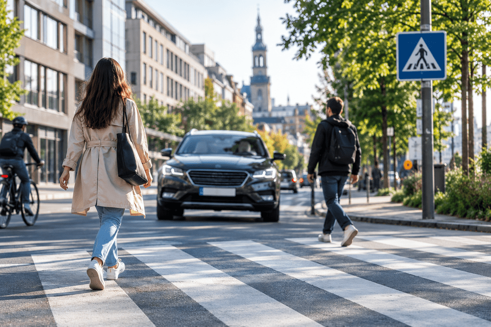 An einem sonnigen Tag überqueren zwei Menschen an einem Zebrastreifen eine Stadtstraße, während sich ein schwarzes Auto nähert und Gebäude und Bäume die Straße säumen – ein perfektes Beispiel dafür, wie wichtig „Sicherheit im Fuhrpark“ ist, um die Sicherheit aller in belebten städtischen Umgebungen zu gewährleisten.