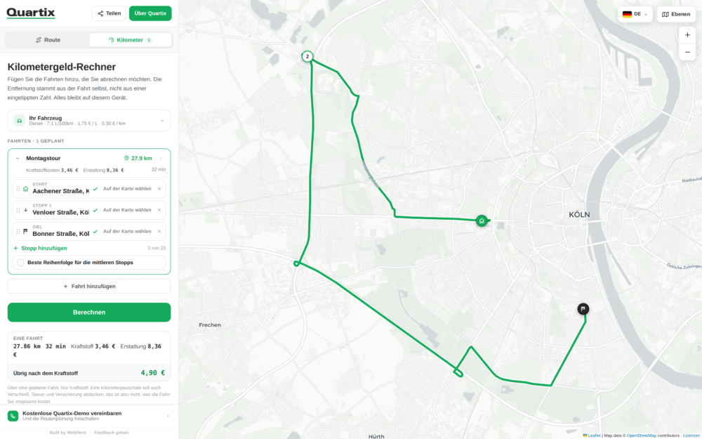 Eine Karte von Köln zeigt im linken Bereich eine Fahrtroute mit drei Zwischenstopps, detaillierte Reiseinformationen und die Berechnung der Kilometerpauschale – damit ist sie ein ideales Beispiel für alle, die nach kostenlosen Tools zur Ermittlung des Kraftstoffverbrauchs von Fuhrparks suchen.
