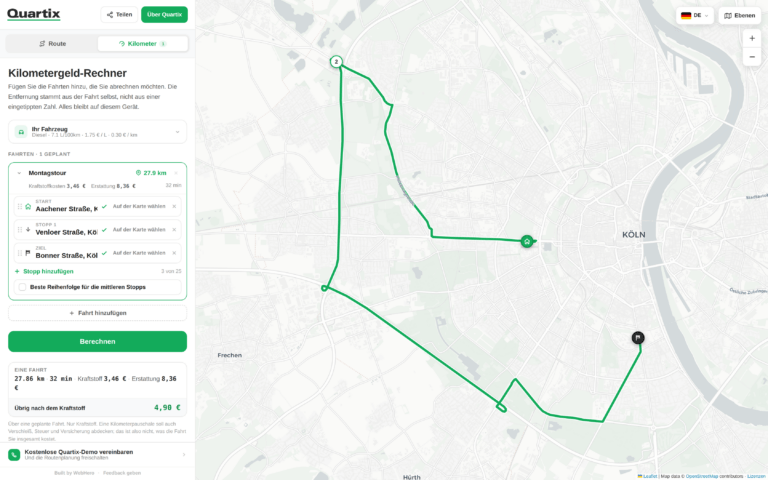 Eine Karte von Köln zeigt im linken Bereich eine Fahrtroute mit drei Zwischenstopps, detaillierte Reiseinformationen und die Berechnung der Kilometerpauschale – damit ist sie ein ideales Beispiel für alle, die nach kostenlosen Tools zur Ermittlung des Kraftstoffverbrauchs von Fuhrparks suchen.