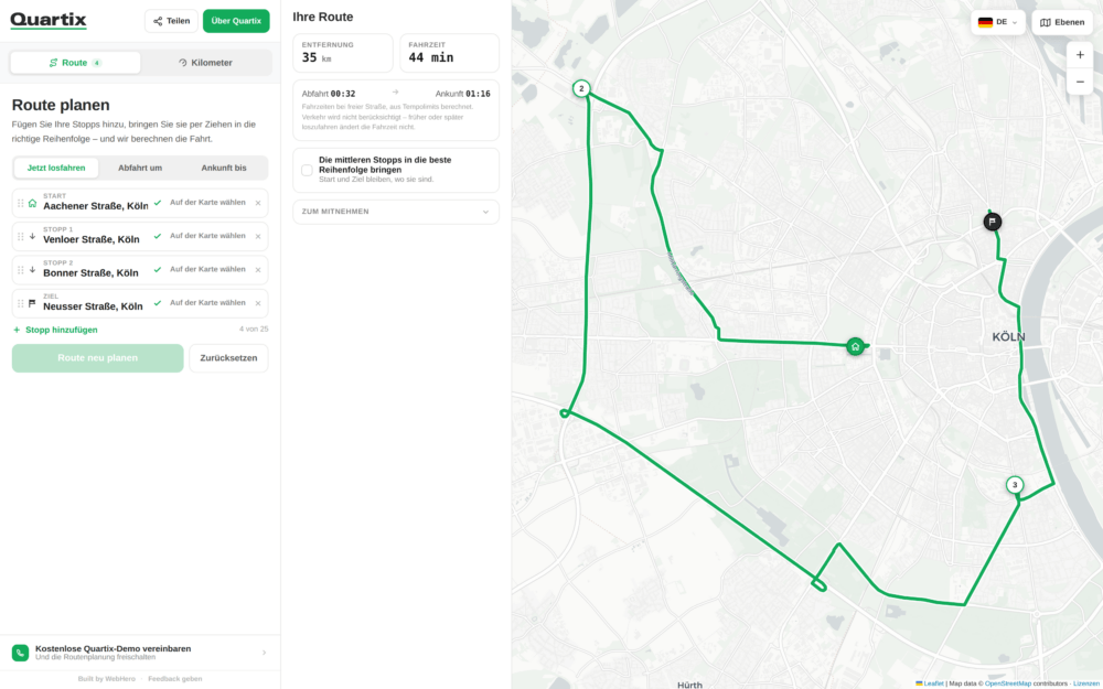 Karte mit einer geplanten Fahrroute in Köln, nummerierten Haltestellen, Routendetails auf der linken Seite und einer grün markierten Strecke, die verschiedene Orte in der Stadt miteinander verbindet. Die Übersicht eignet sich ideal für Fuhrparkmanager, die an kostenlosen Tools zur Optimierung des Kraftstoffverbrauchs von Fuhrparks interessiert sind, um ihre Routen effizient zu optimieren.