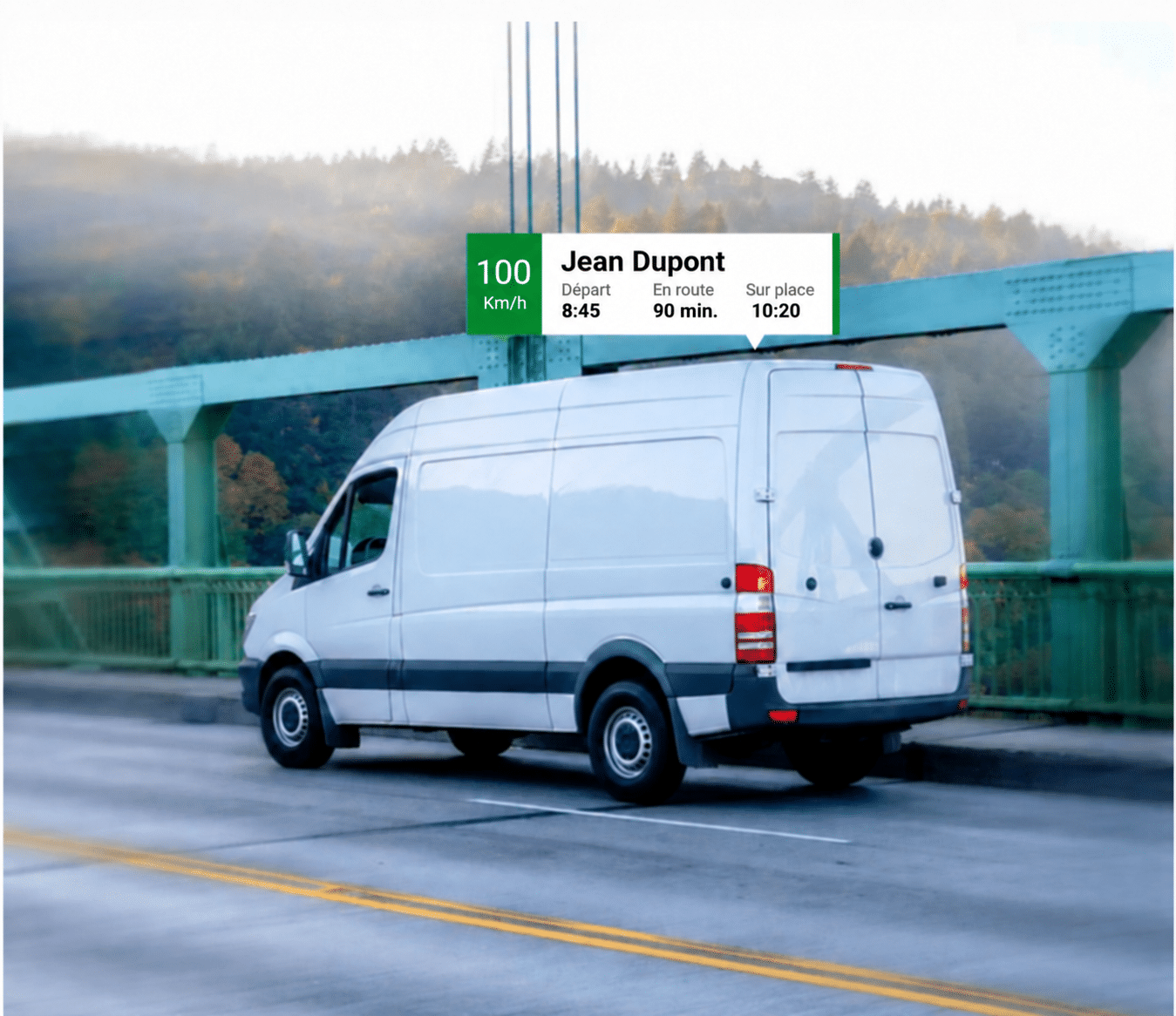 Une camionnette de livraison blanche traverse un pont vert, sur lequel s'affiche une superposition numérique indiquant la vitesse, le nom du conducteur, l'heure de départ, la durée du trajet et l'heure d'arrivée estimée — illustrant ainsi les solutions avancées de « sicurezza nel parco veicoli » pour une gestion efficace et sûre de la flotte.