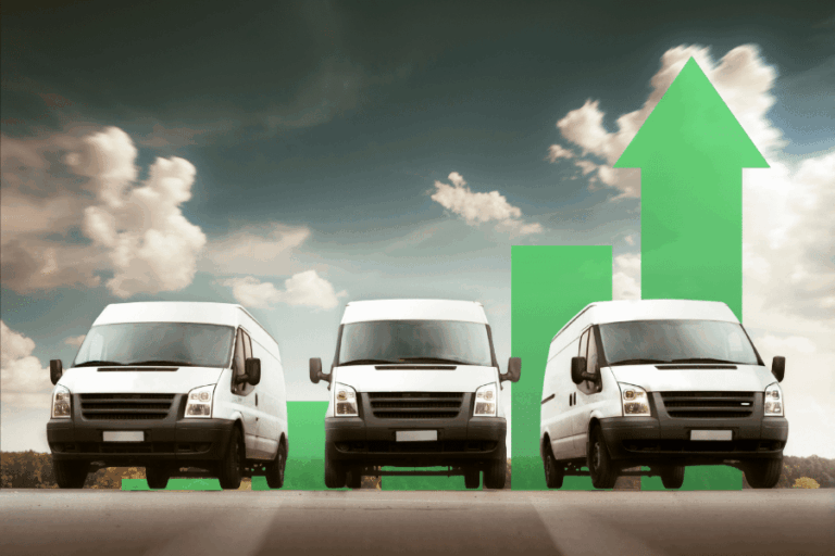 Three white delivery vans are parked in front of green upward-pointing arrow graphics, symbolising business growth or an increase in delivery demand under a partly cloudy sky—an inspiring scene for businesses with vehicles seeking to leverage Free Online Tools for greater efficiency.
