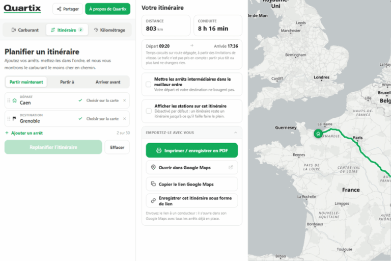 Site web de calcul d'itinéraires présentant un trajet entre Caen et Grenoble, avec une carte, une distance estimée à 803 km et une durée de trajet de 8 heures et 16 minutes. Des options permettant d'enregistrer ou d'exporter l'itinéraire sont disponibles.