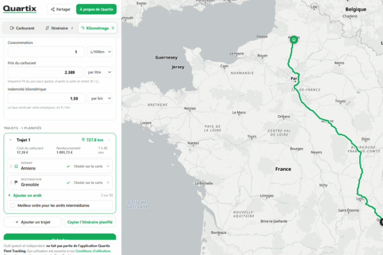 Une carte numérique indique un itinéraire routier reliant Per à Amiens, en France, avec les détails du trajet et les estimations de consommation de carburant affichés sur le côté gauche de l'écran.