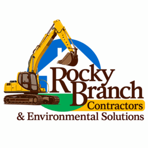Logo for Rocky Branch Contractors & Environmental Solutions, featuring a yellow excavator in front of a blue and green house silhouette.