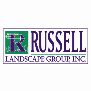 Logo for Russell Landscape Group, Inc., featuring a large letter R overlaid with technical drafting lines inside a green square.