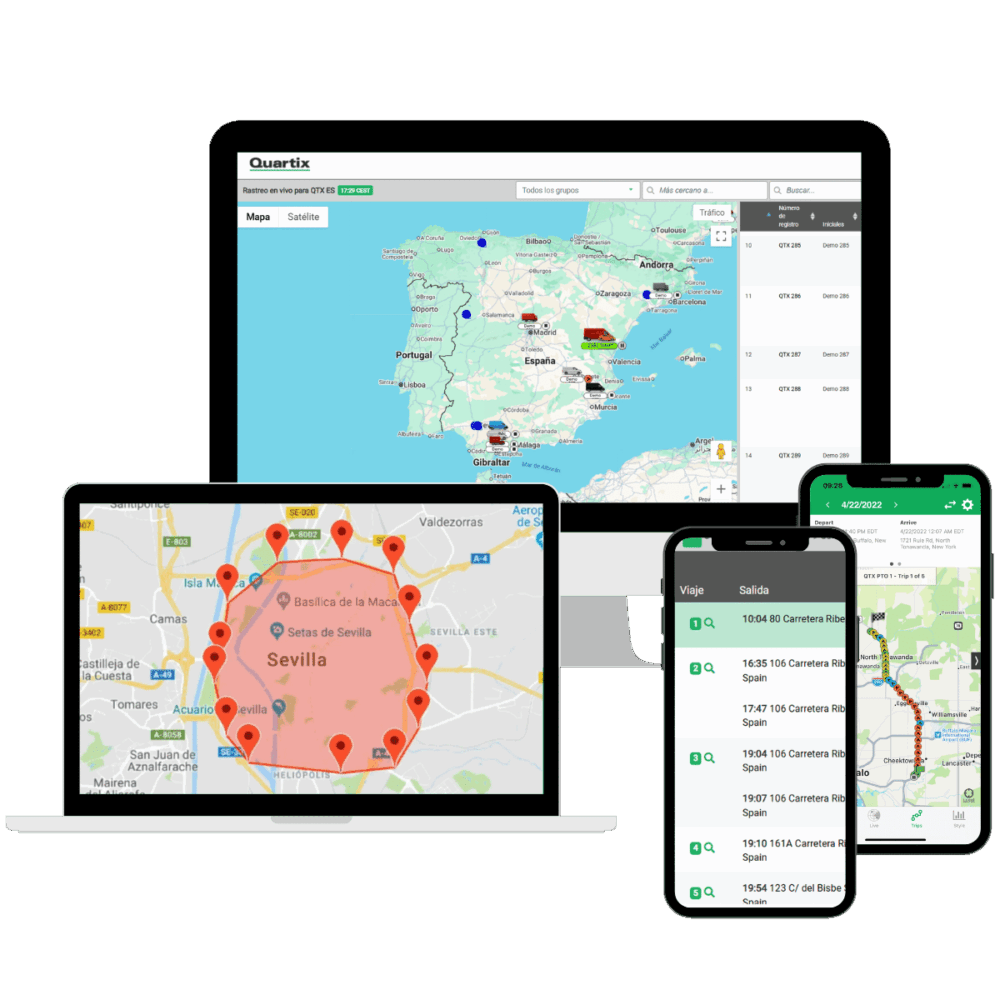 Un monitor de sobremesa, un ordenador portátil y un smartphone en los que se muestra una interfaz de gestión de flotas con mapas y marcadores de ubicación para la localización GPS de flotas de transporte.