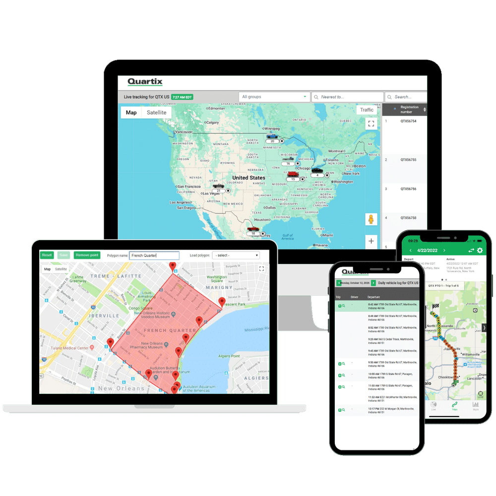 A computer monitor, tablet, and smartphone displaying the Quartix electric vehicle tracking software, showing map views of the US and New Orleans alongside a list of vehicle trips.