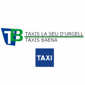 Logotipo de Taxis La Seu d’Urgell y Taxis Baena, con un icono «TB» en azul y verde y un símbolo de taxi para la localización por GPS de flotas de transporte.