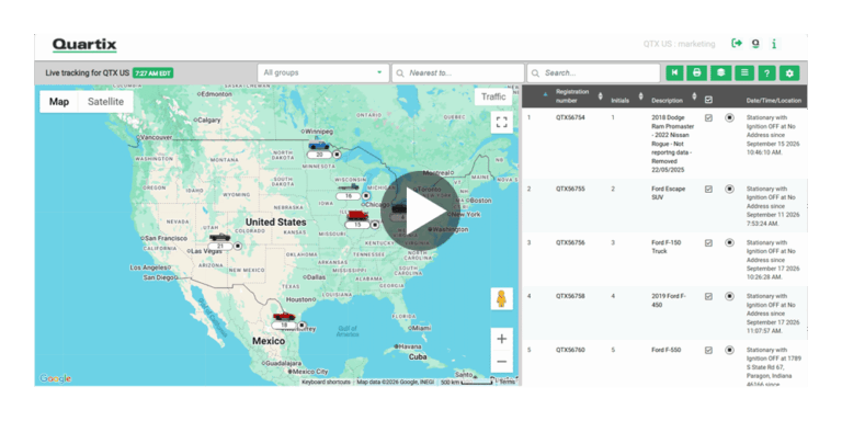 Quartix fleet tracking dashboard showing a map with electric vehicle tracking locations and a list of vehicle statuses.